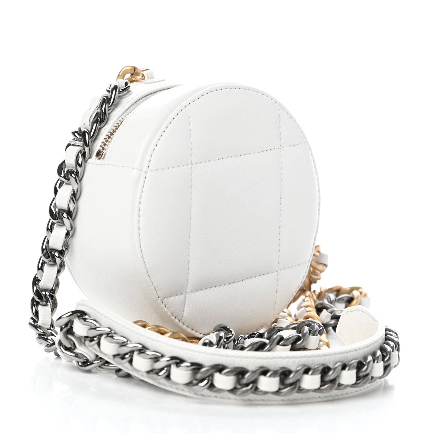 Goatskin Quilted Chanel 19 Round Clutch With Chain White