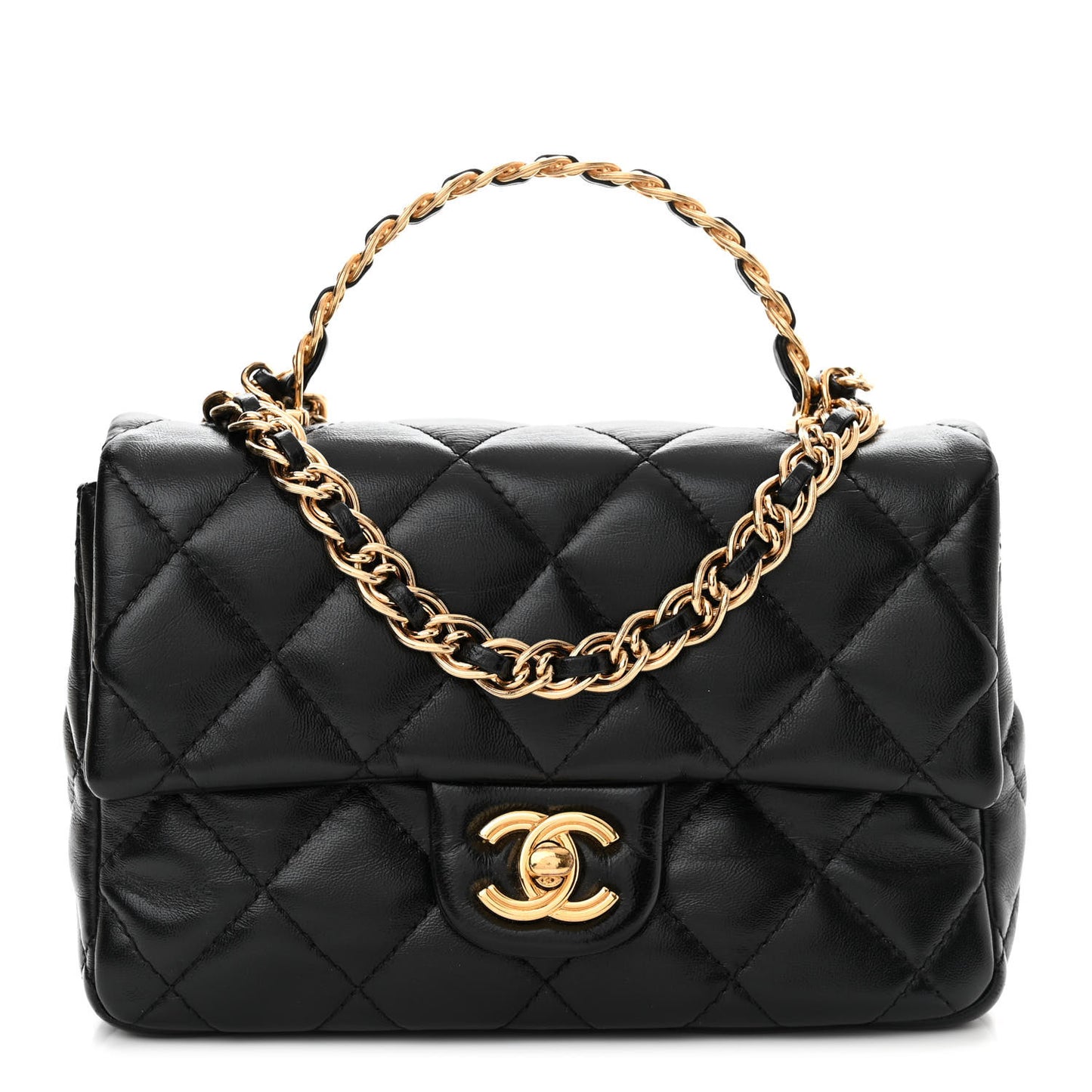Shiny Lambskin Quilted Golden Links Top Handle Flap Black