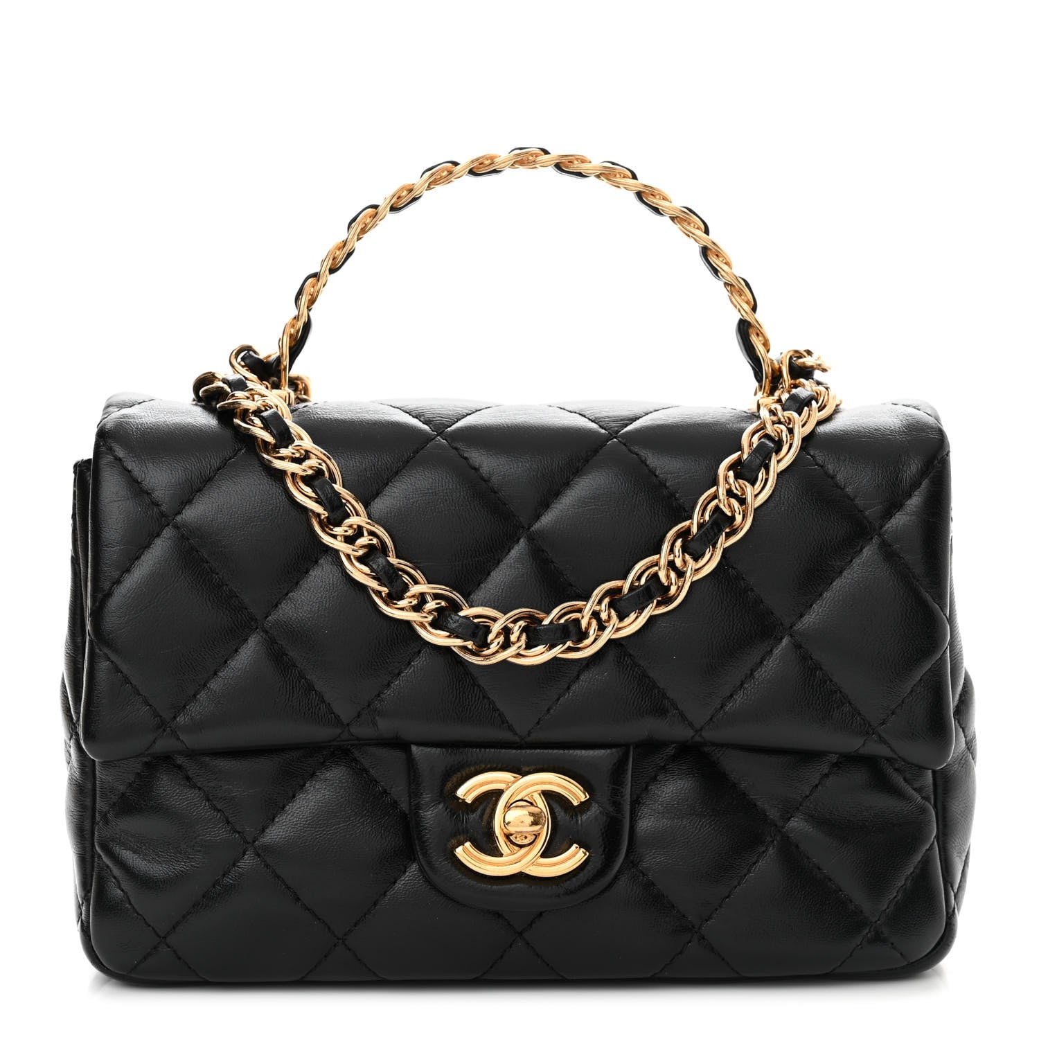 Chanel Shiny Lambskin Quilted Golden Links Top Handle Flap Black 1 of 11
