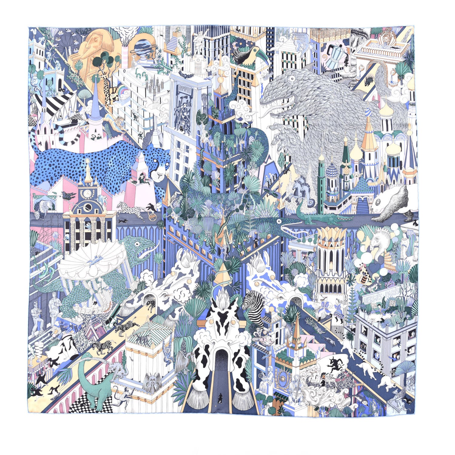 Hermes Silk Animapolis Scarf 90 Bleu Gris Vieux Rose 1 of 6