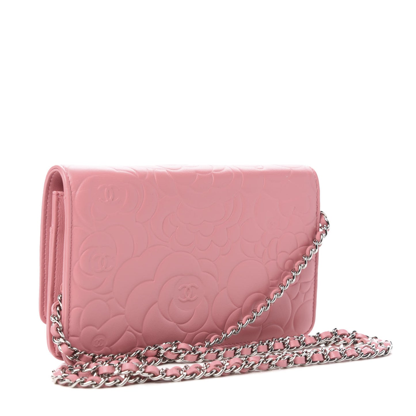 Lambskin Camellia Embossed Wallet On Chain WOC Pink