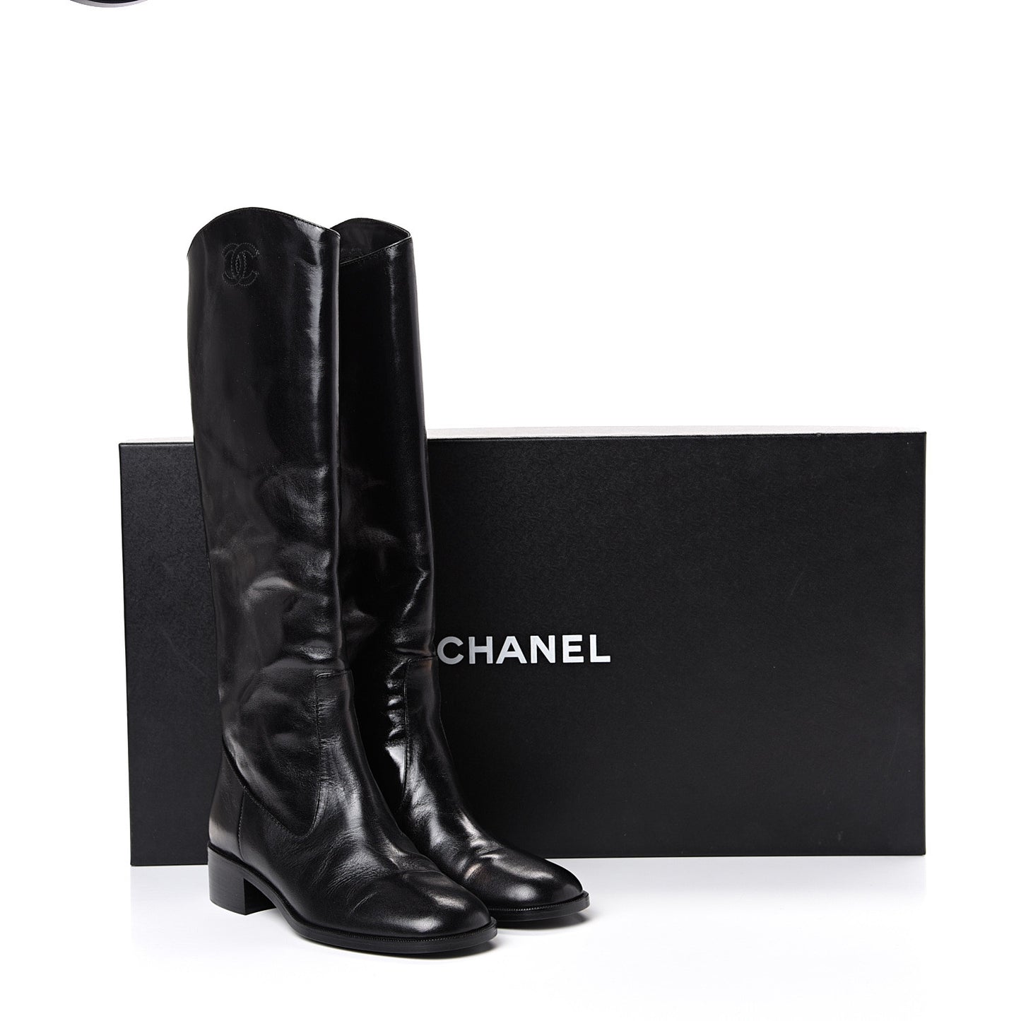 Glazed Calfskin CC High Boots 37 Black