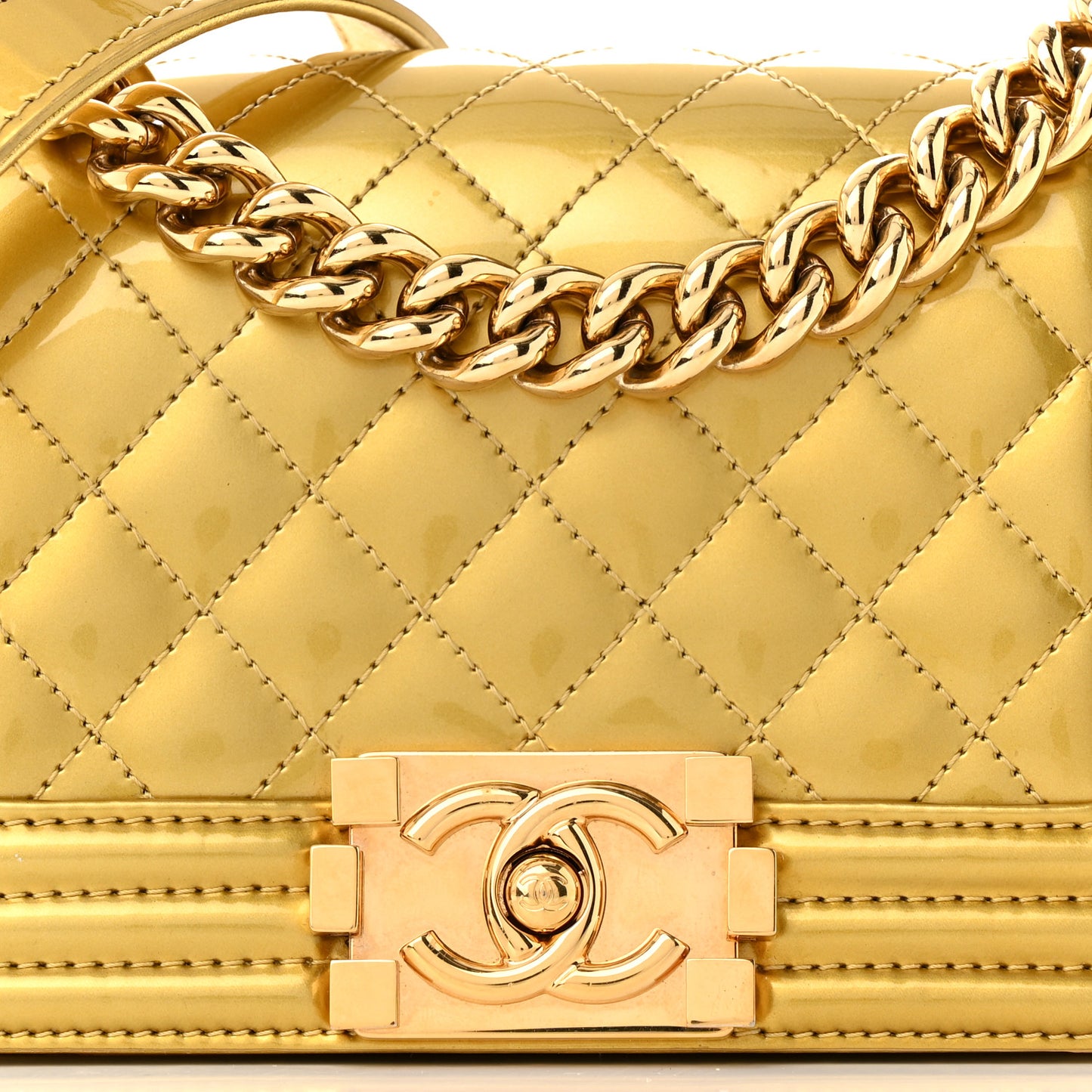 Metallic Patent Calfskin Quilted Small Boy Flap Gold