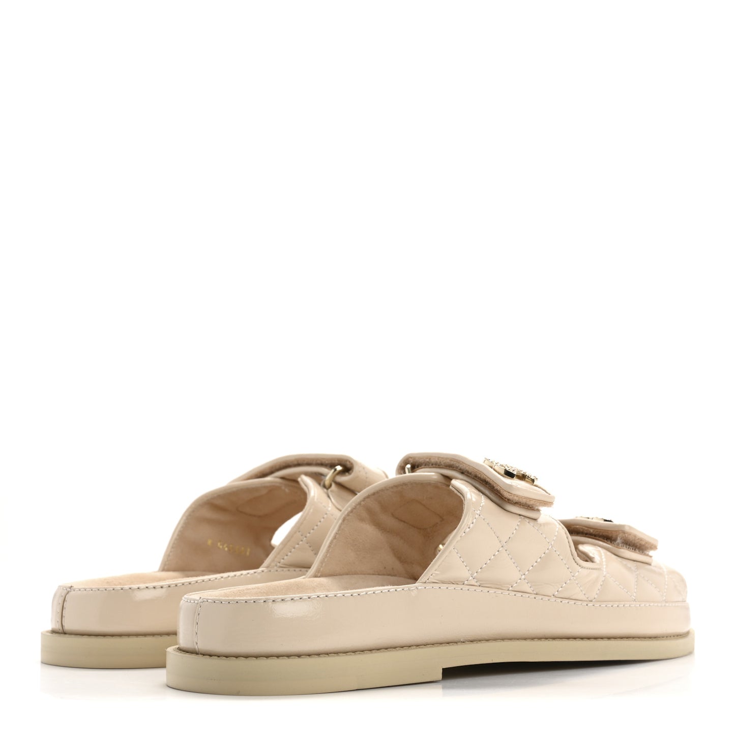 Shiny Calfskin Quilted Velcro Dad Crystal CC Slide Sandals 39.5 Beige