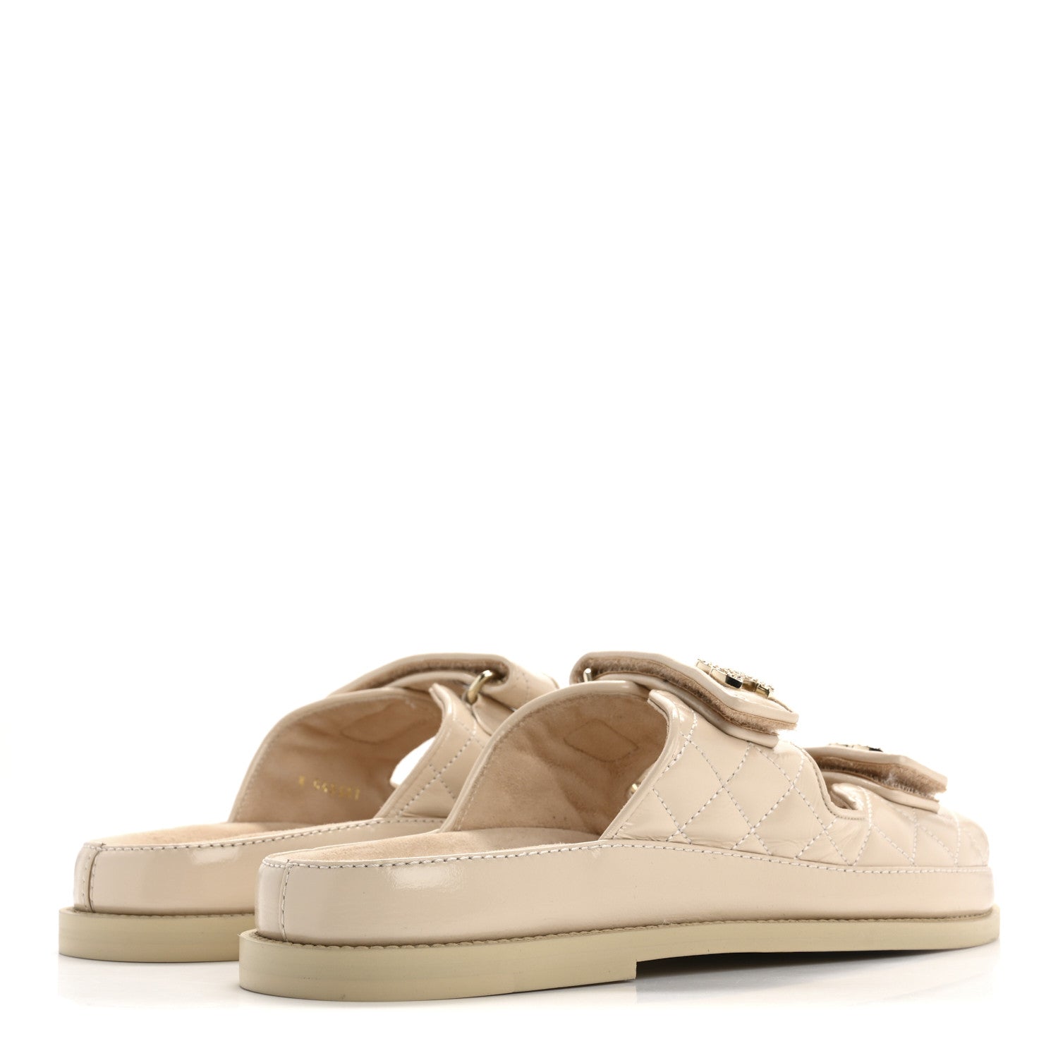 Chanel Shiny Calfskin Quilted Velcro Dad Crystal CC Slide Sandals 39.5 Beige 5 of 9