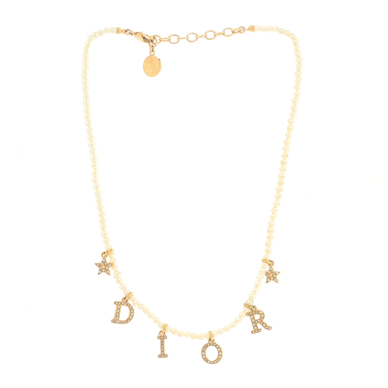 Christian Dior Pearl Crystal Star Logo Charm Necklace Gold 2 of 5