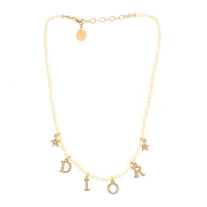 Christian Dior Pearl Crystal Star Logo Charm Necklace Gold 2 of 5