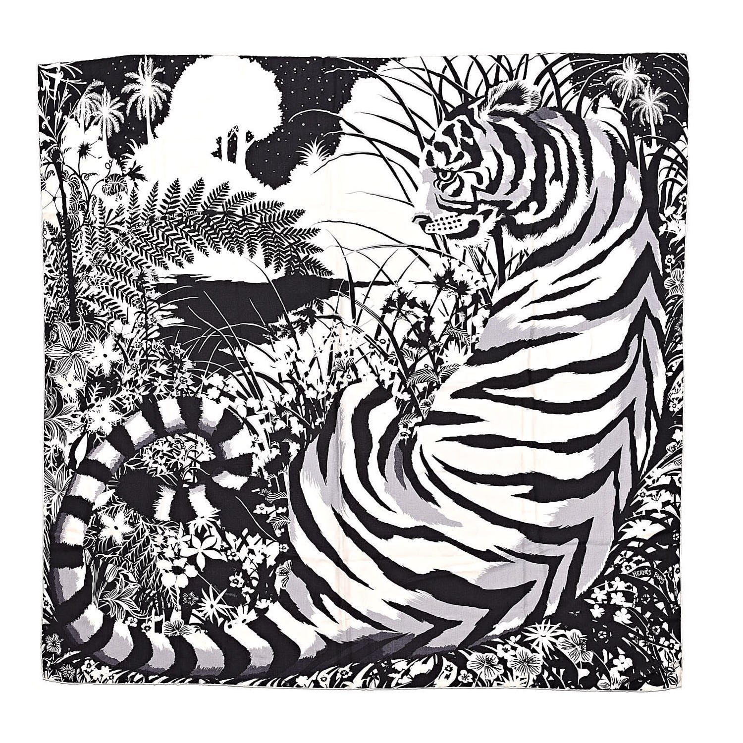 Hermes Cashmere Silk Tyger Tyger Shawl 140 Black White Gris 1 of 5