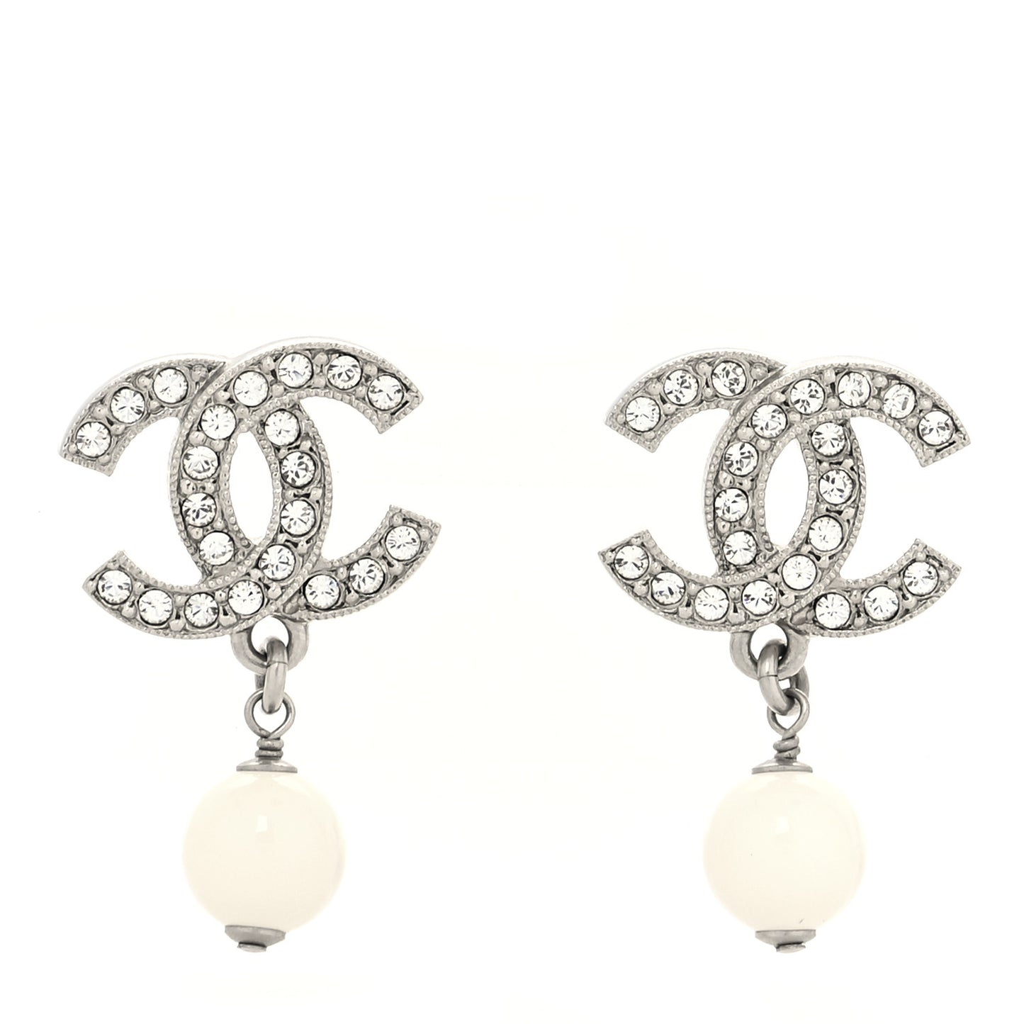 Crystal Bead CC Drop Earrings Silver White