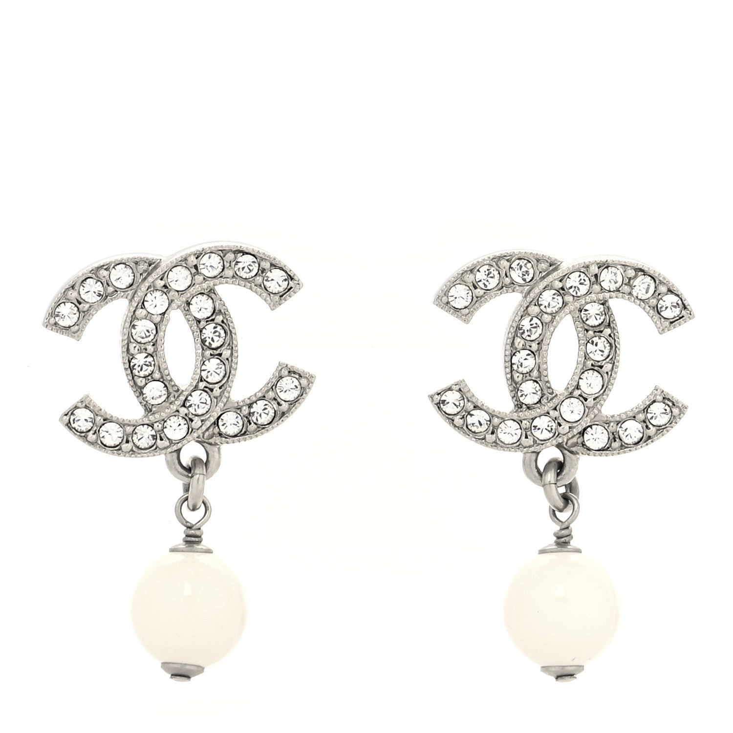 Chanel Crystal Bead CC Drop Earrings Silver White 1 of 4