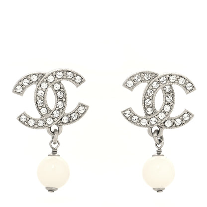 Chanel Crystal Bead CC Drop Earrings Silver White 1 of 4