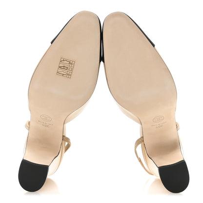 Chanel Goatskin Grosgrain Cap Toe CC Slingback Pumps 40 Beige Black 6 of 9