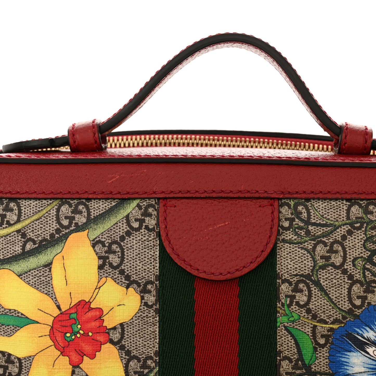 GG Supreme Monogram Flora Web Small Ophidia Top Handle Shoulder Bag Hibiscus Red