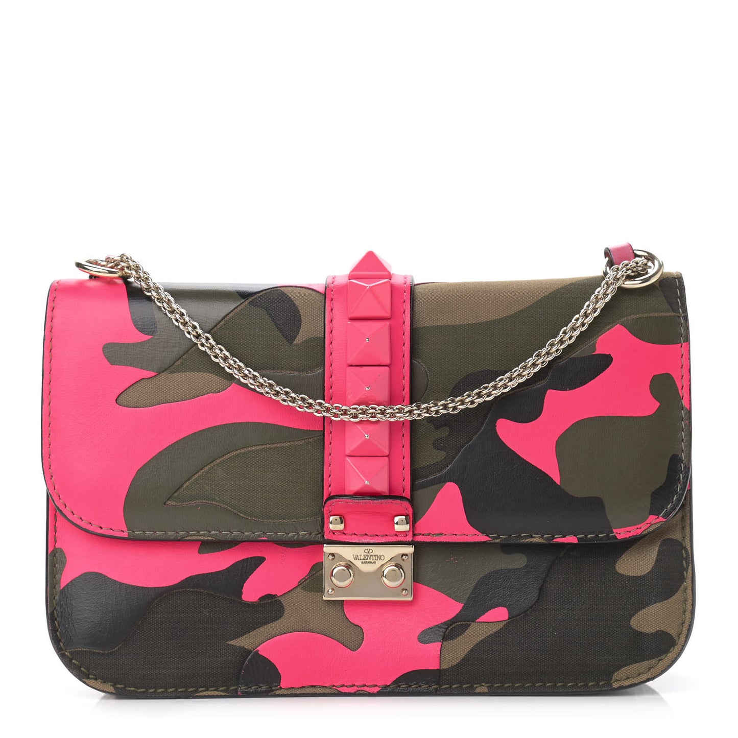 Nappa Canvas Camouflage Medium Glam Lock Rockstud Flap Fuxia Fluo