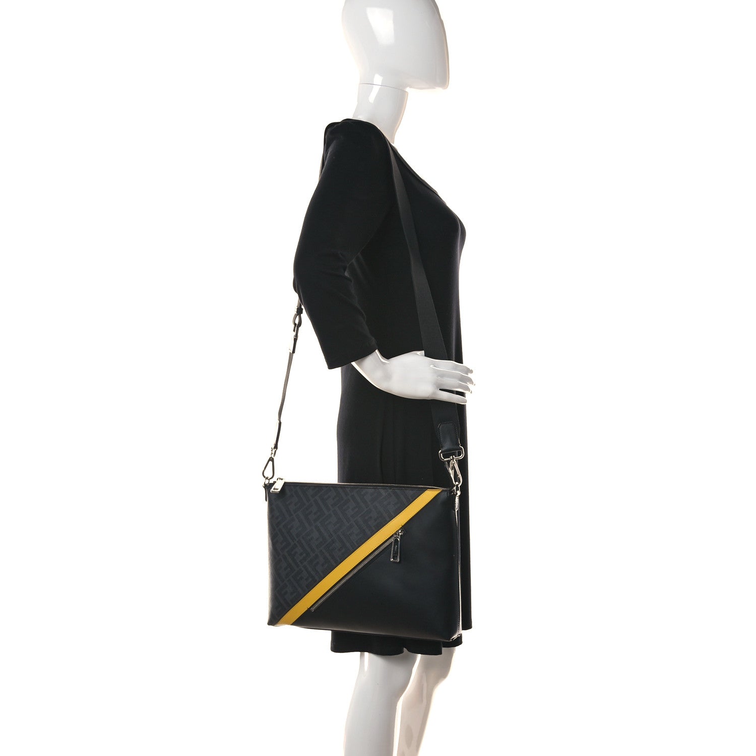 Fendi Glazed Fabric Vitello Liberty FF 1974 Diagonal Medium East West Messenger Black Sunflower 2 of 16