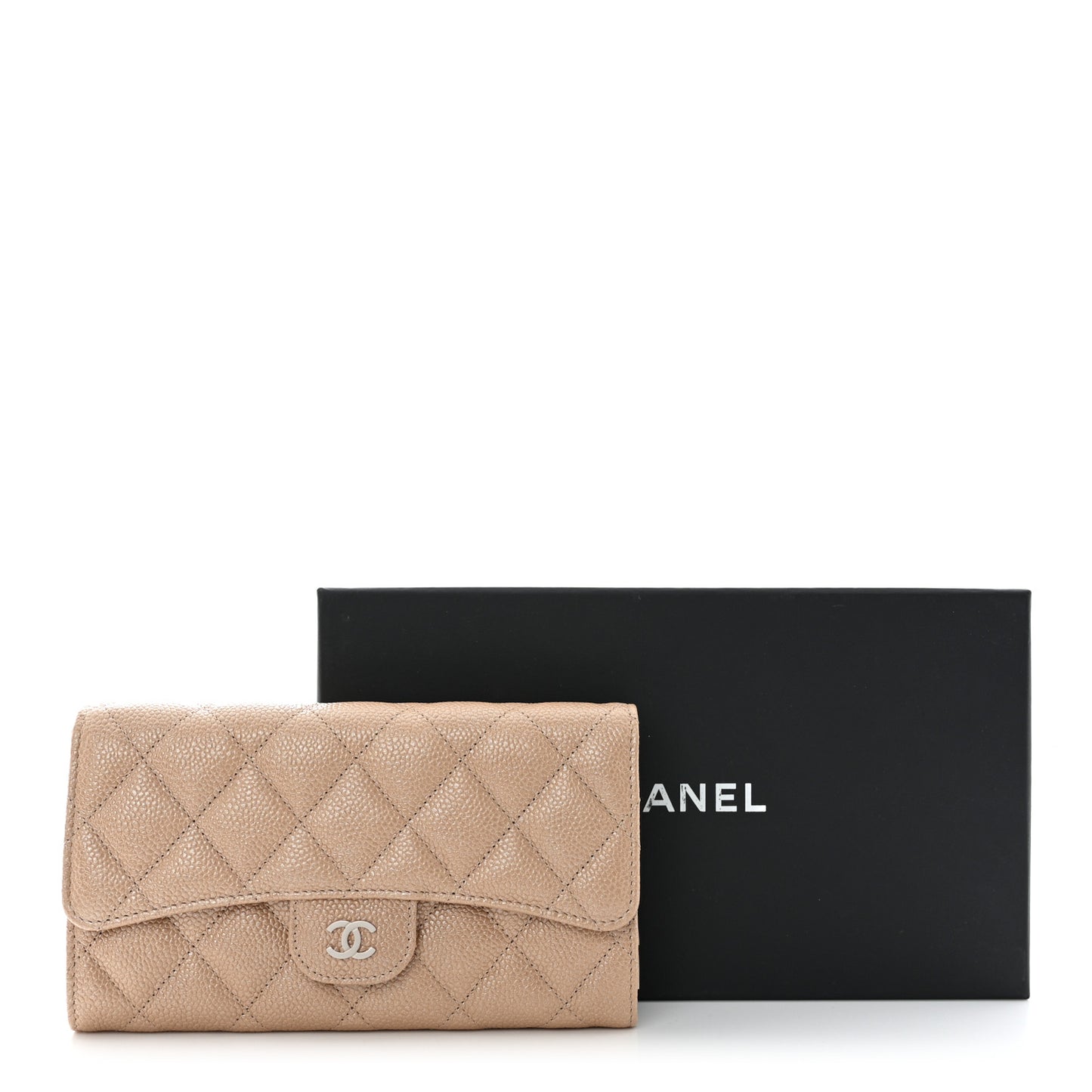 Pearly Caviar Quilted Large Gusset Flap Wallet Dark Beige