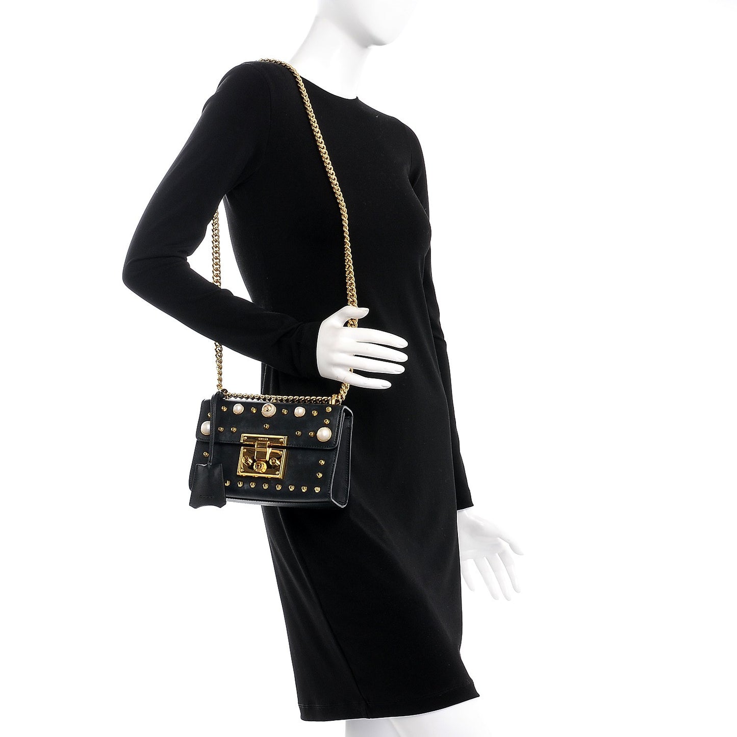 Calfskin Studded Small Padlock Shoulder Bag Black
