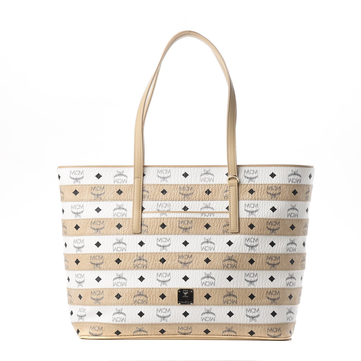 MCM Visetos Spot Stripped Medium Shopping Tote Beige White 1 of 10
