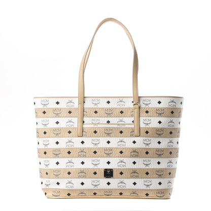 MCM Visetos Spot Stripped Medium Shopping Tote Beige White 1 of 10