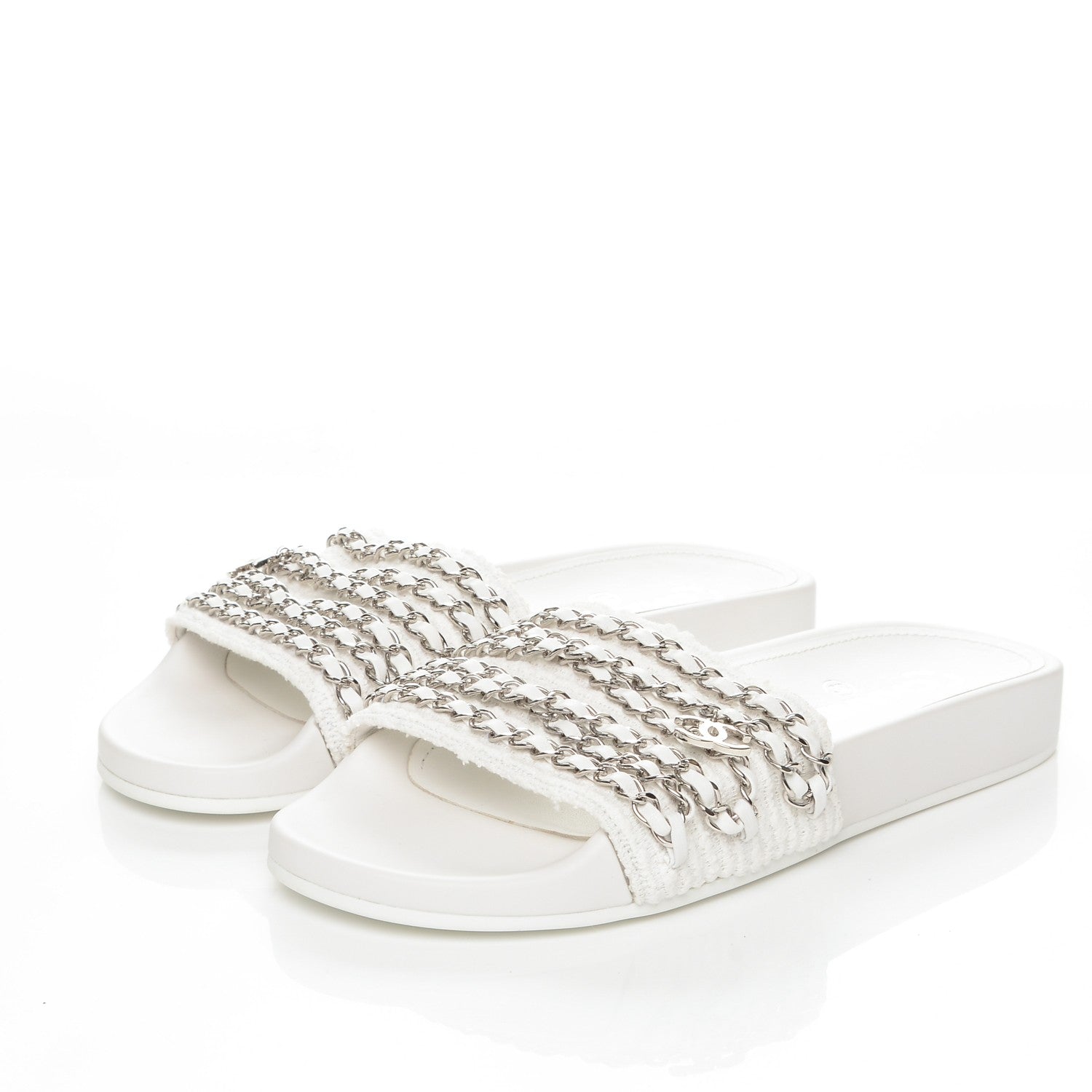 Chanel Tweed Lambskin Chain Flat Sandals 38 White 3 of 7