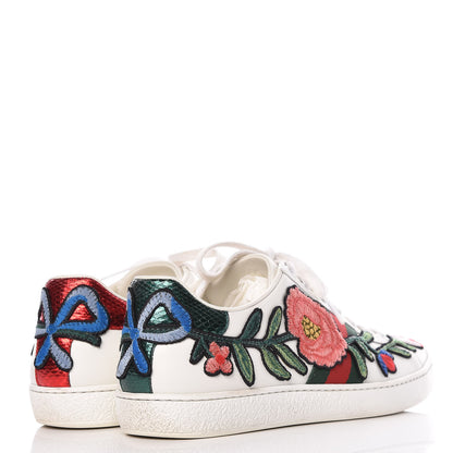 Gucci Metallic Calfskin Floral Embroidered Womens Ace Sneakers 36.5 Silver 4 of 17