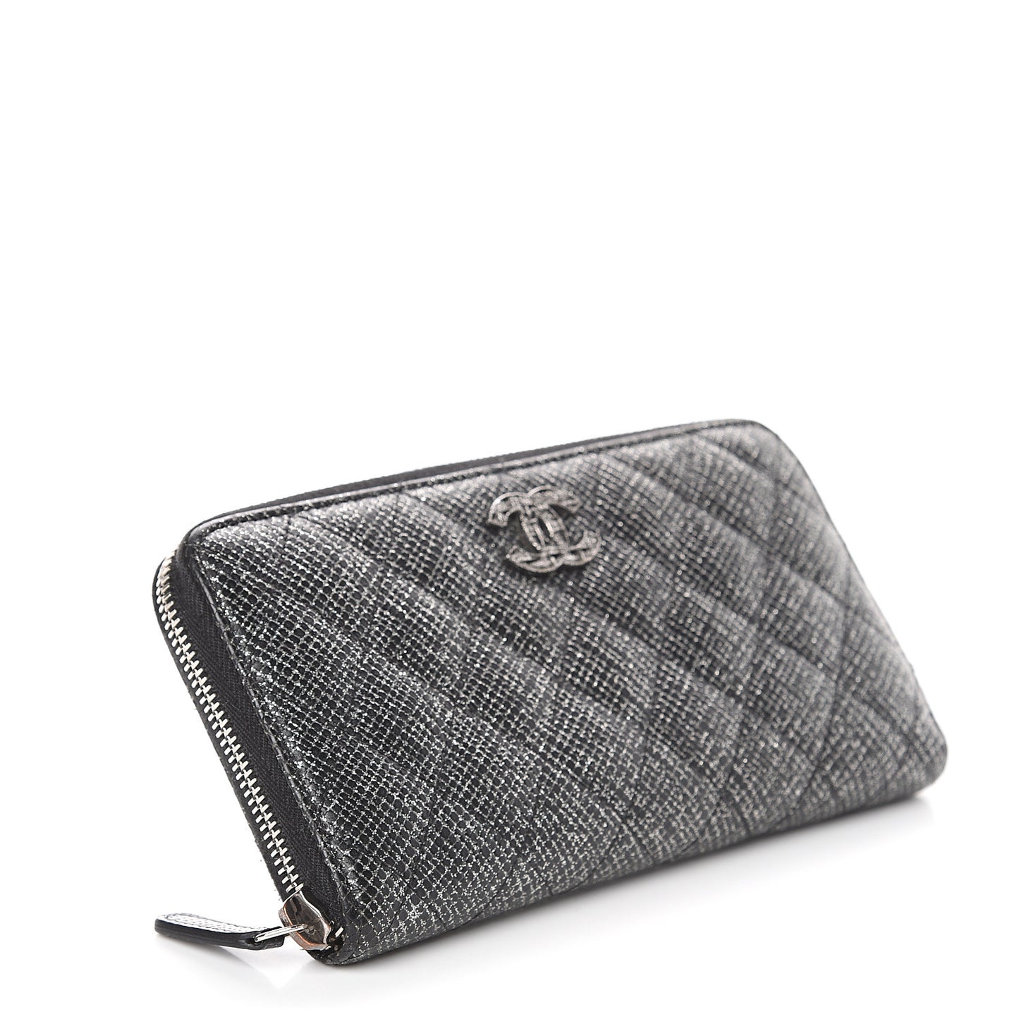 Glittered Calfskin Quilted Large Gusset Zip Wallet Black