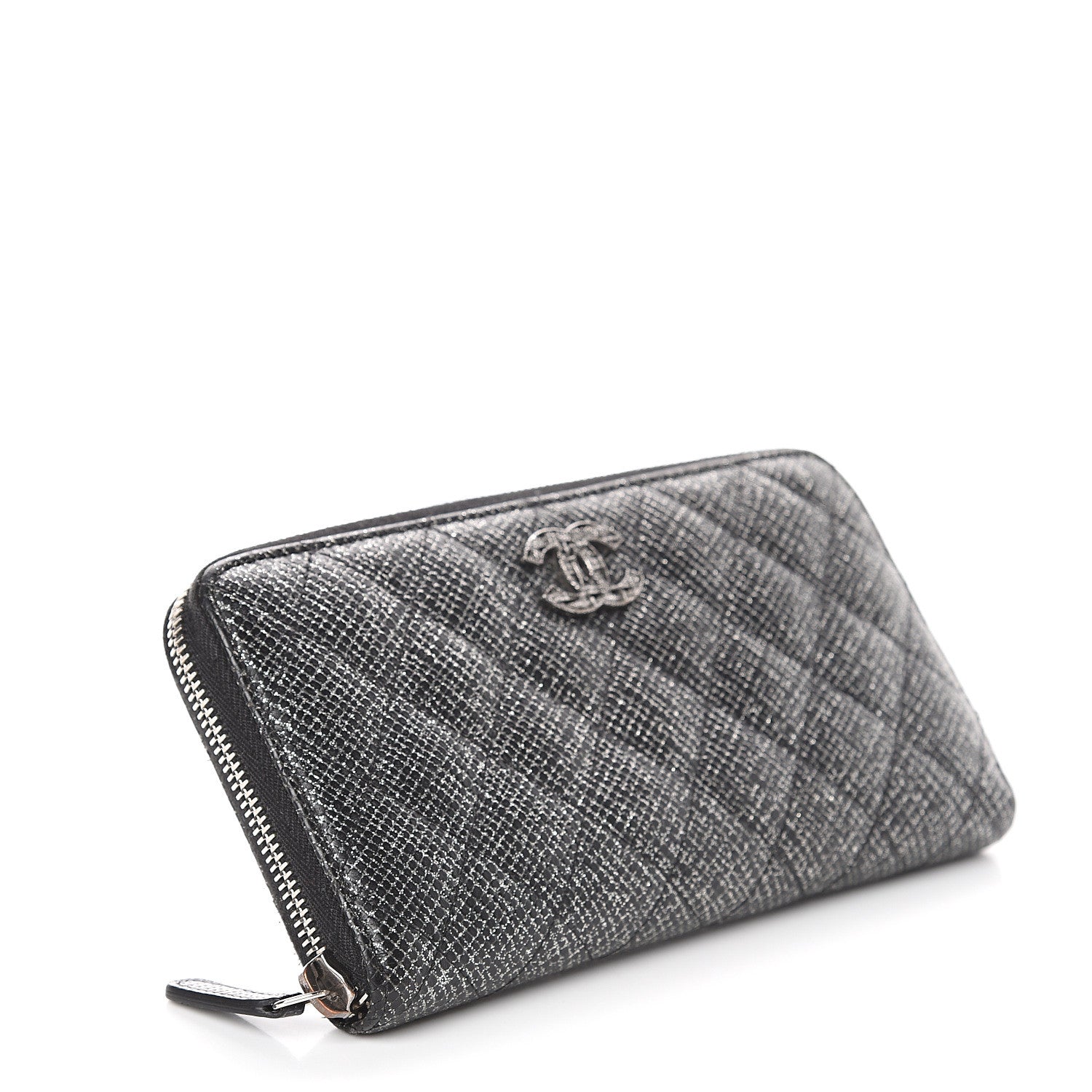 Chanel Glittered Calfskin Quilted Large Gusset Zip Wallet Black 3 of 7