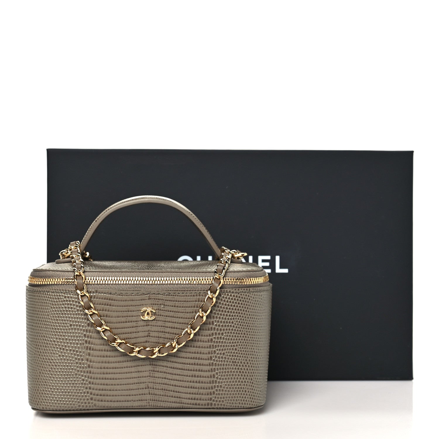Chanel Calfskin Lizard Embossed Top Handle Vanity With Chain  Dark Khaki 11 of 11