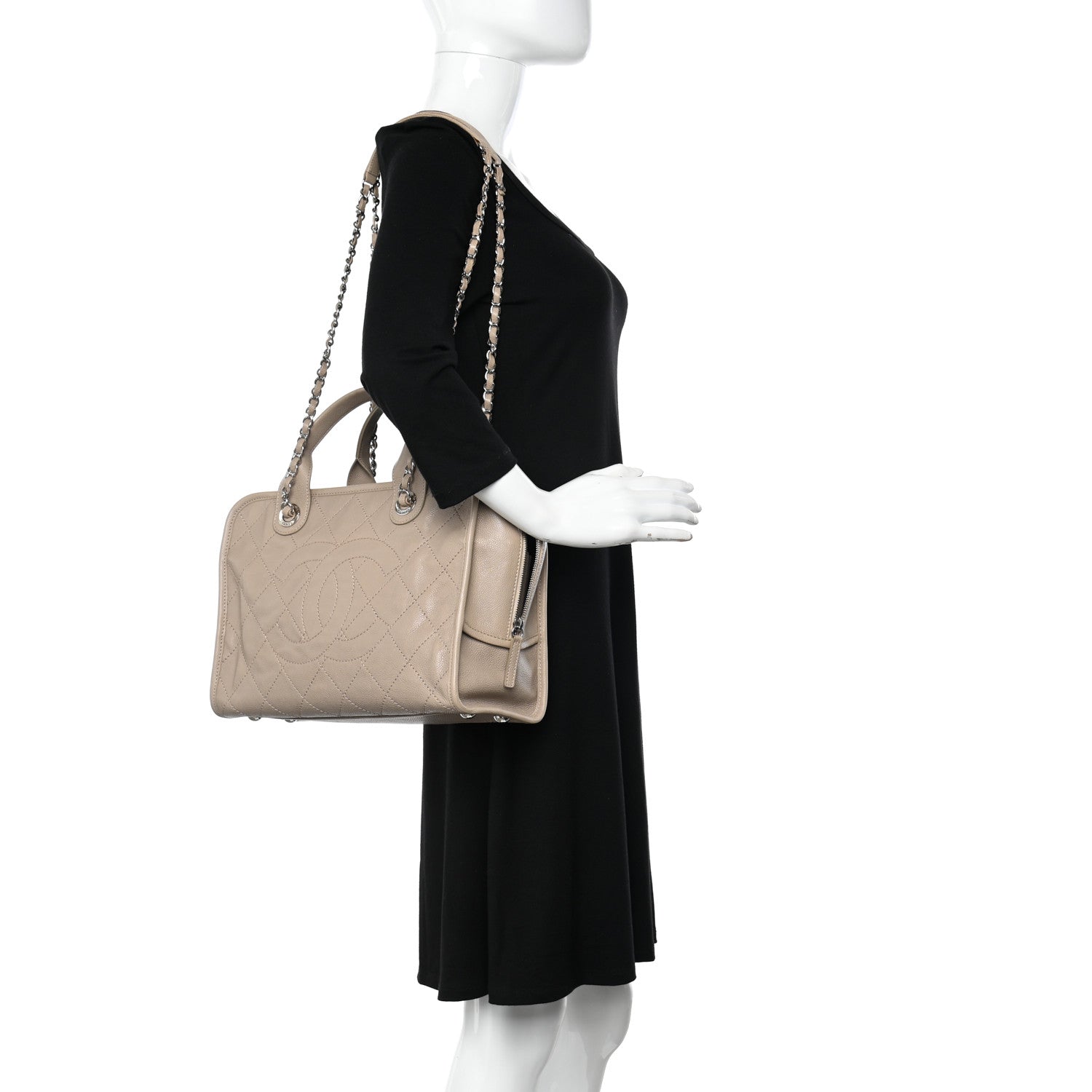 Chanel Caviar Quilted Deauville Bowling Bag Beige 2 of 12