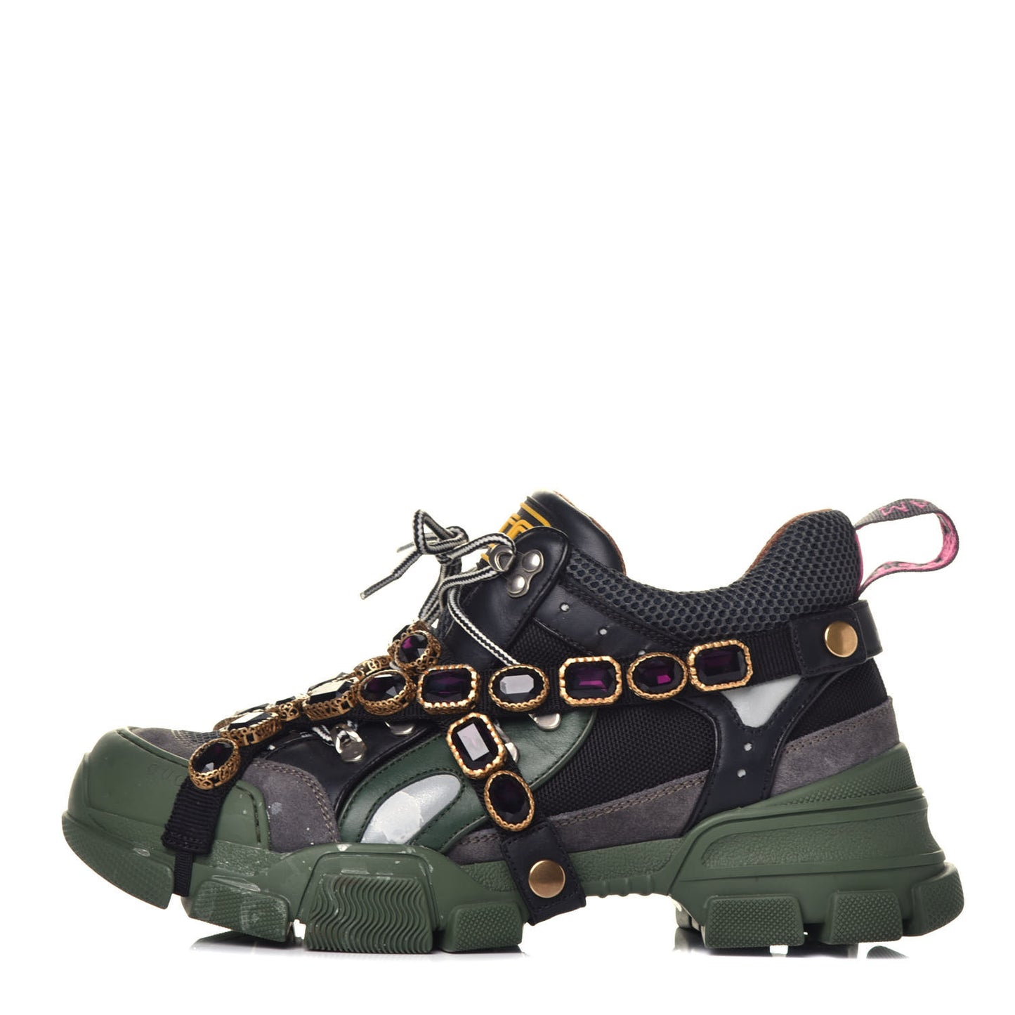 X SEGA Mesh Suede Calfskin Removable Crystals Flashtrek Sneakers 41 Loess Black Olive Green