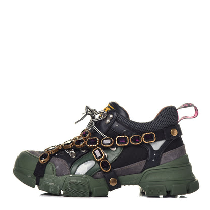 Gucci X SEGA Mesh Suede Calfskin Removable Crystals Flashtrek Sneakers 41 Loess Black Olive Green 1 of 8