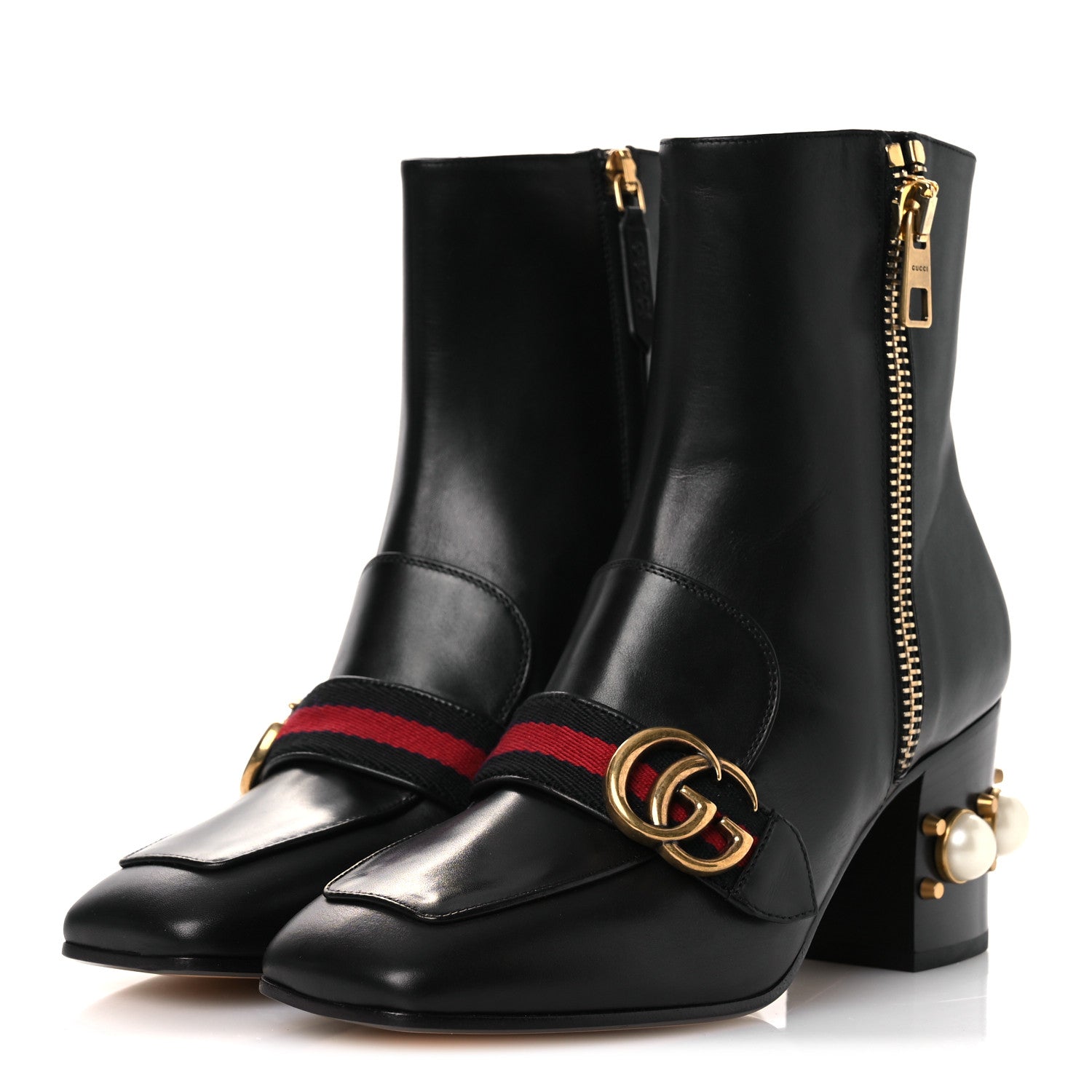 Gucci Betis Glamour Calfskin Web Pearl Embellished Peyton 75mm Ankle Boots 37 Black 4 of 12