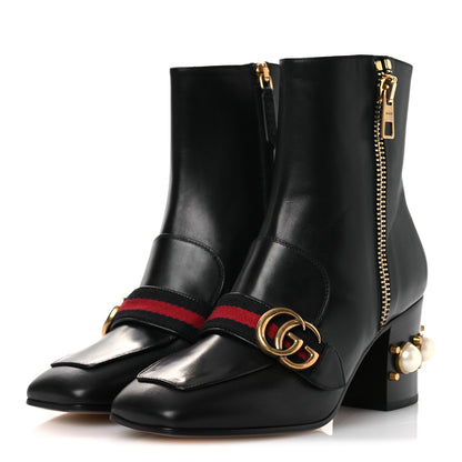 Gucci Betis Glamour Calfskin Web Pearl Embellished Peyton 75mm Ankle Boots 37 Black 4 of 12