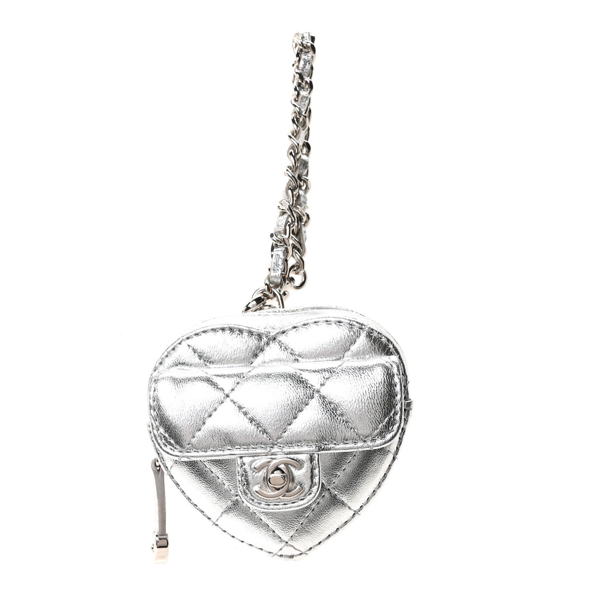 Chanel Metallic Lambskin Quilted CC Mini In Love Heart Bag Charm Silver 1 of 5