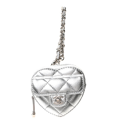 Chanel Metallic Lambskin Quilted CC Mini In Love Heart Bag Charm Silver 1 of 5
