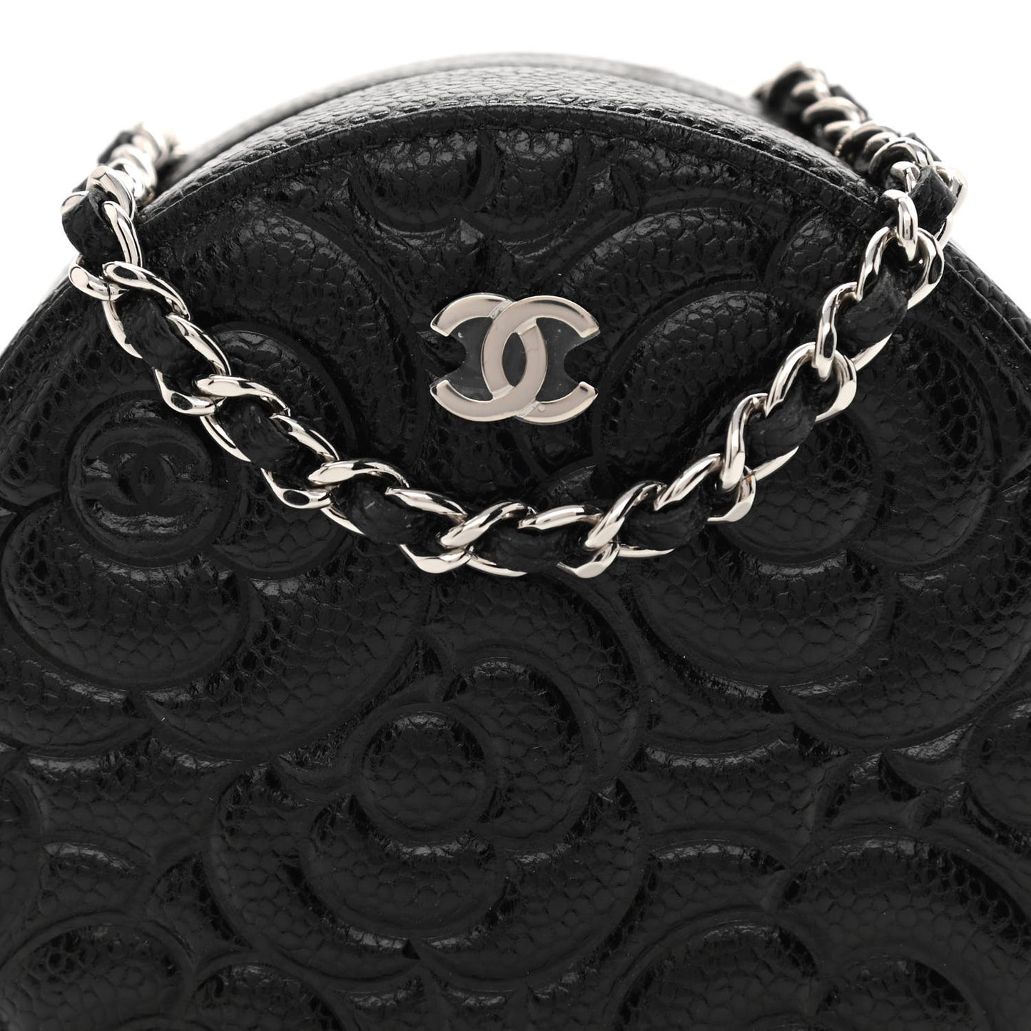 Caviar Camellia Embossed Round Clutch With Chain Black