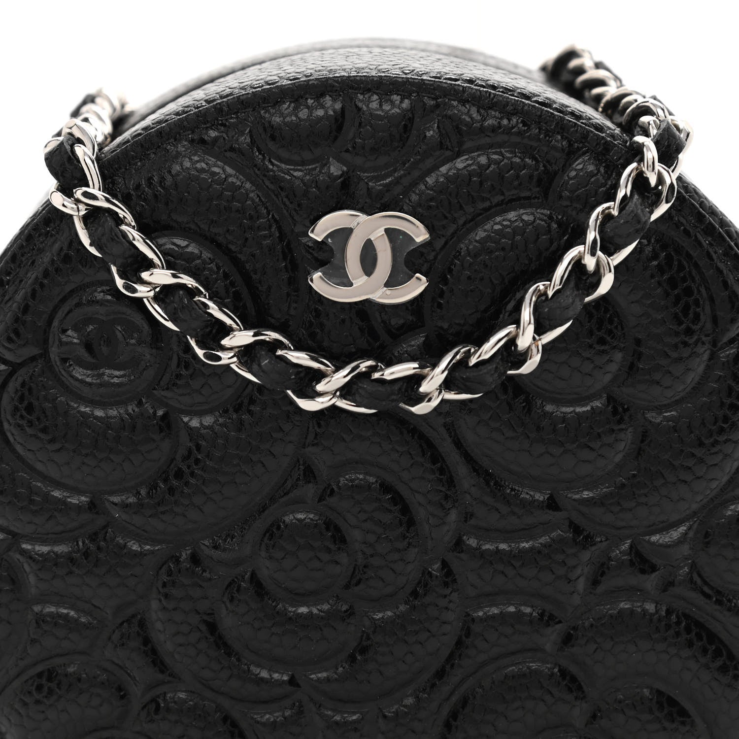 Chanel Caviar Camellia Embossed Round Clutch With Chain Black 8 of 11