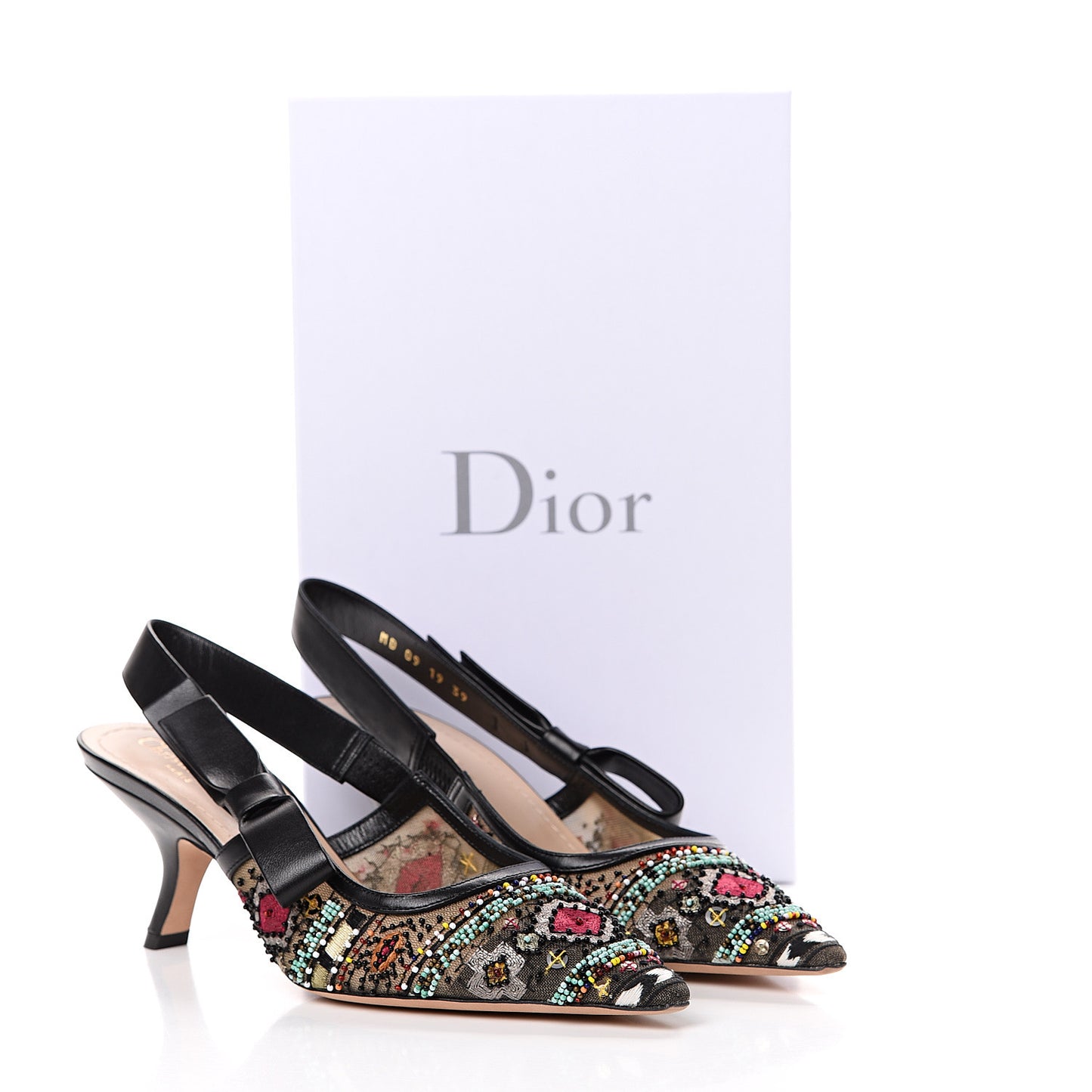 Embroidered Calfskin Beaded Sweet D Sling-Back Pumps 39 Black Turquoise