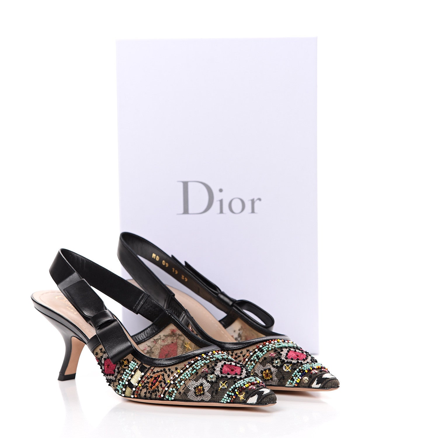 Christian Dior Embroidered Calfskin Beaded Sweet D Sling-Back Pumps 39 Black Turquoise 12 of 12