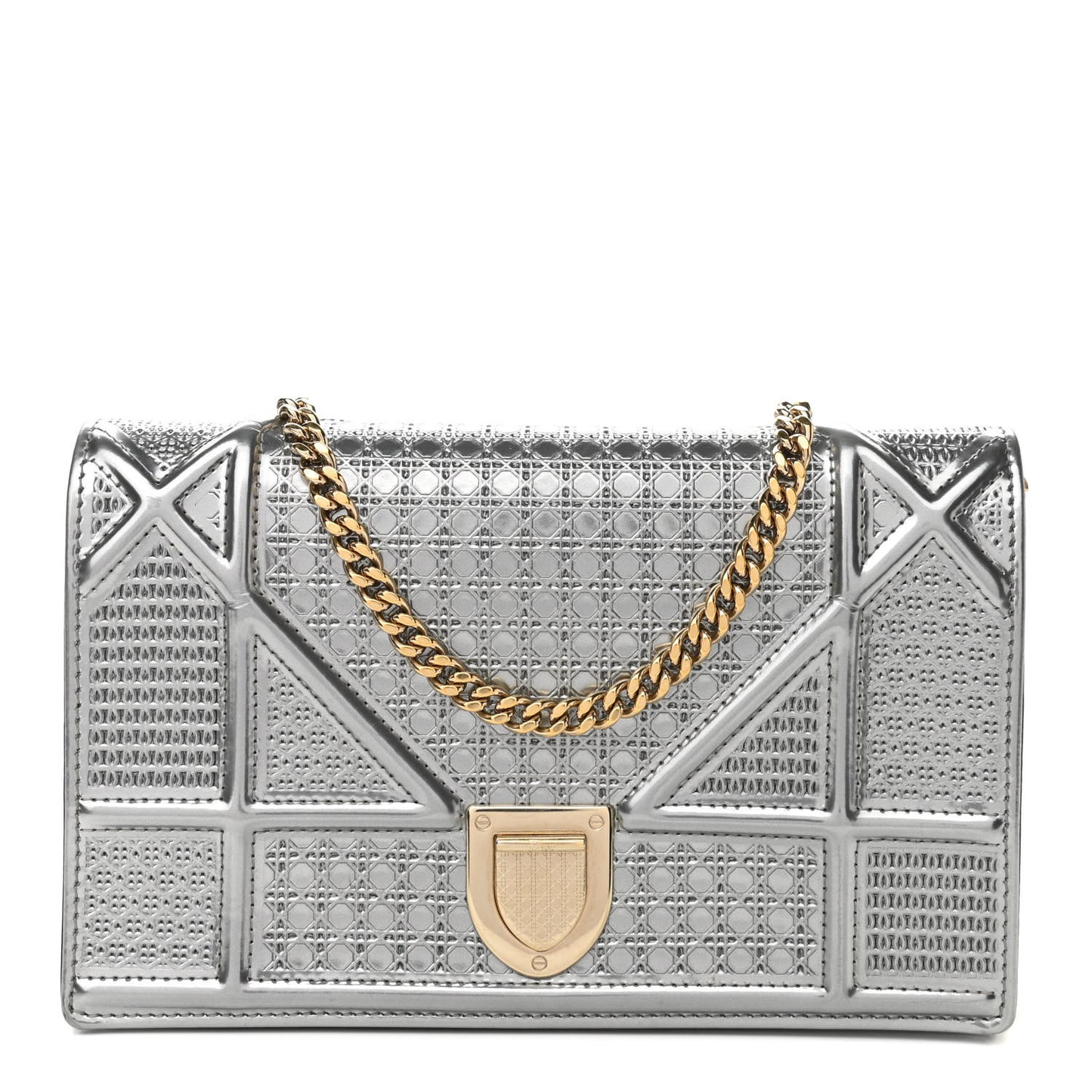Metallic Patent Micro-Cannage Diorama Wallet on Chain Pouch Silver