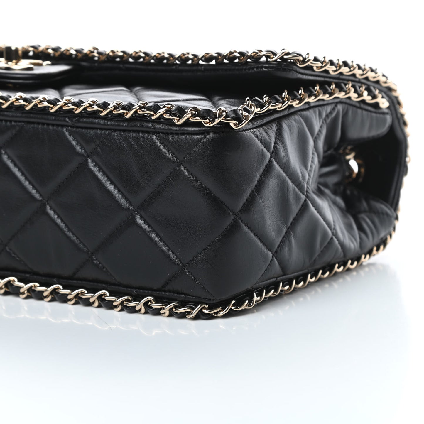 Crumpled Calfskin Quilted Large Chain All Over Flap Bag Black