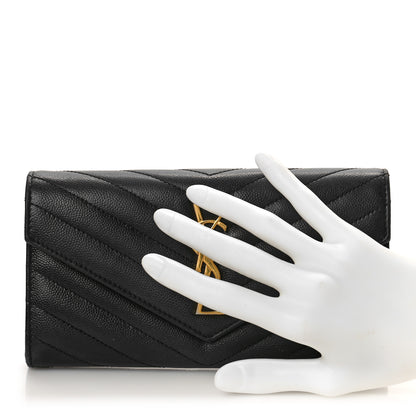 Saint Laurent Grain De Poudre Matelasse Chevron Monogram Flap Wallet Black 2 of 10