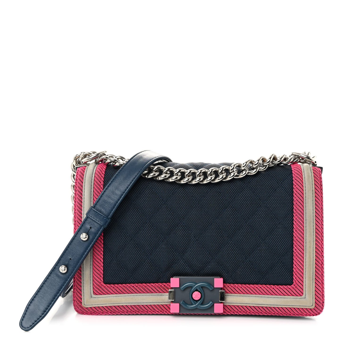 Canvas Quilted Medium Fluo Boy Flap Dark Navy Fuchsia Grey
