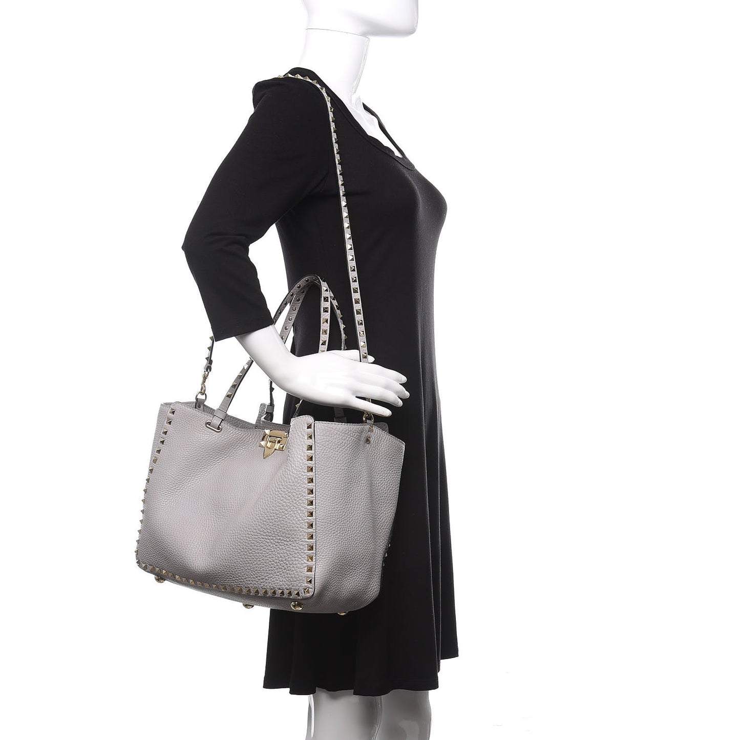 Pebbled Calfskin Medium Rockstud Tote Pastel Grey