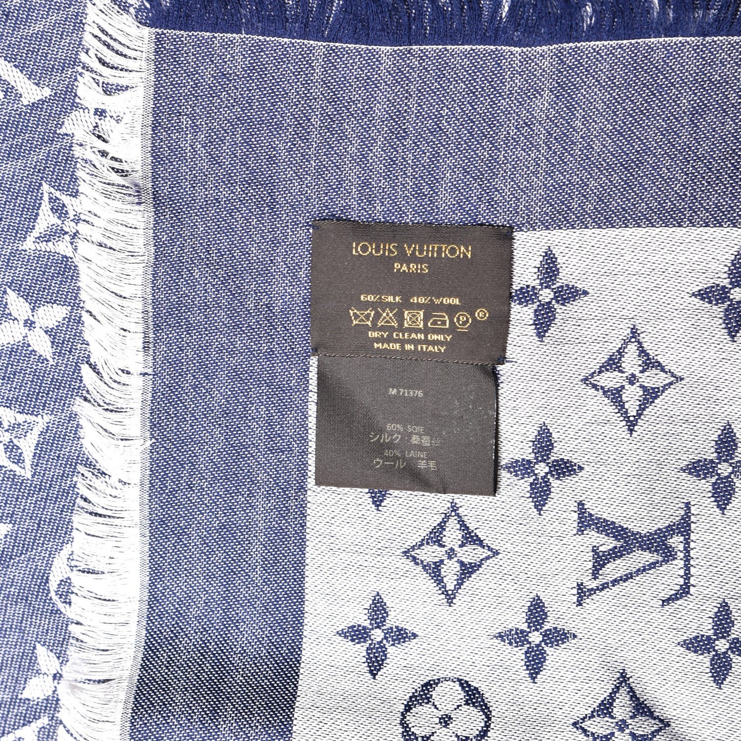 Wool Silk Monogram Denim Shawl Blue