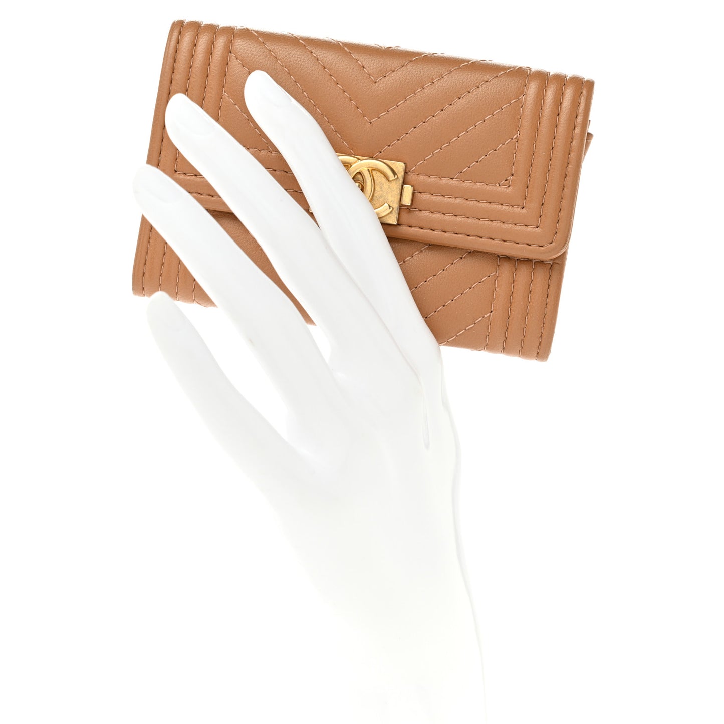Lambskin Chevron Quilted Boy Card Holder Dark Beige