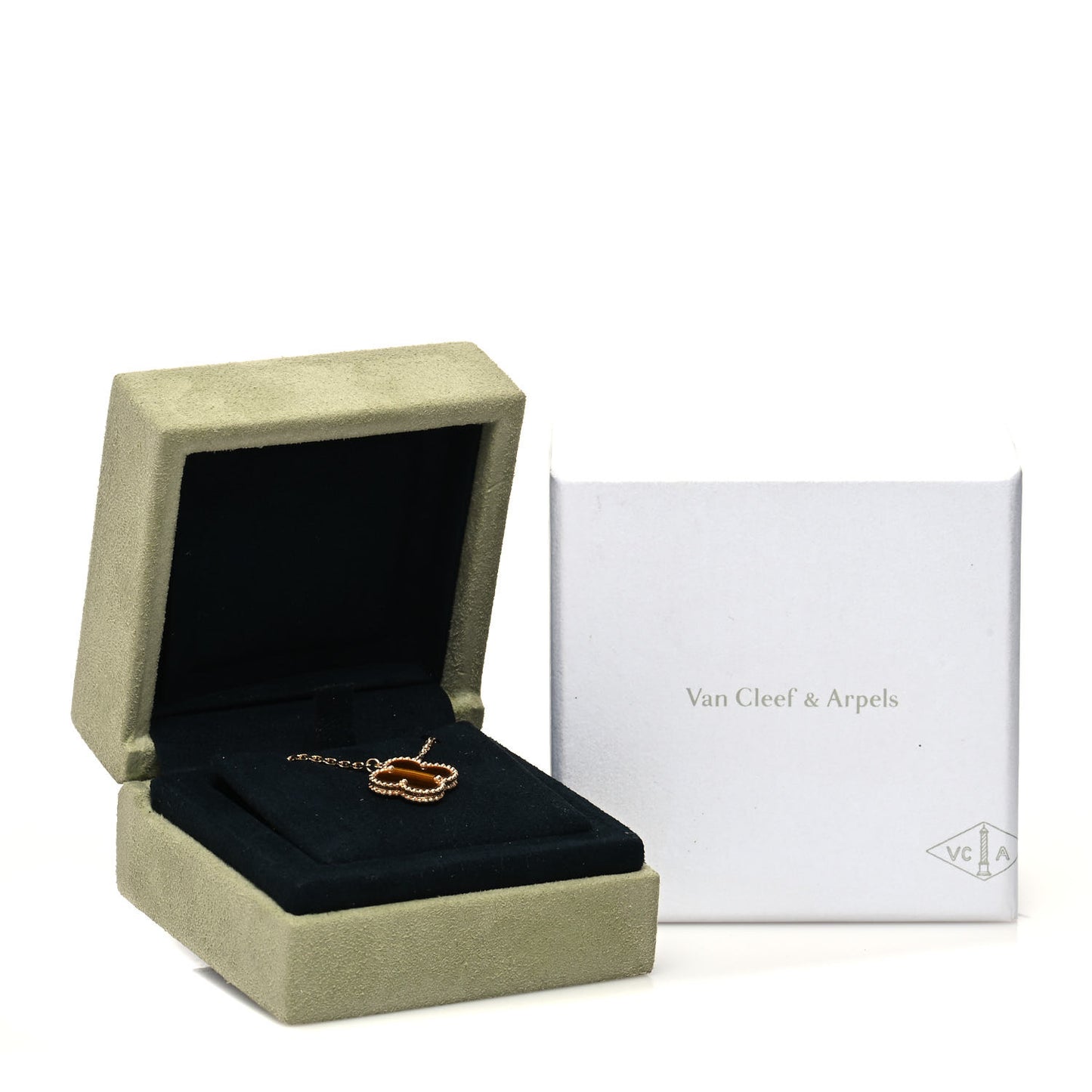 18K Yellow Gold Tiger Eye Vintage Alhambra Pendant Necklace