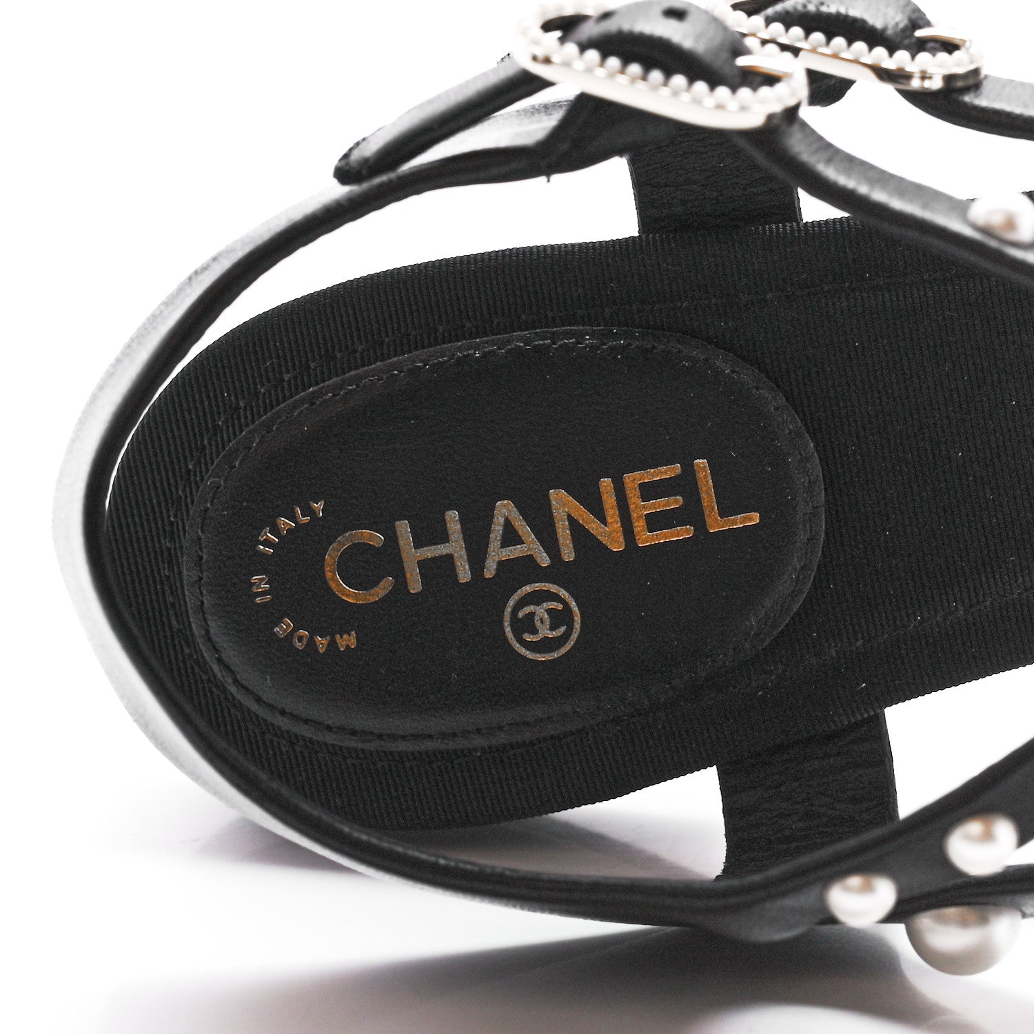 Chanel Calfskin Grosgrain Pearl Thong Sandals 36 Black 7 of 7