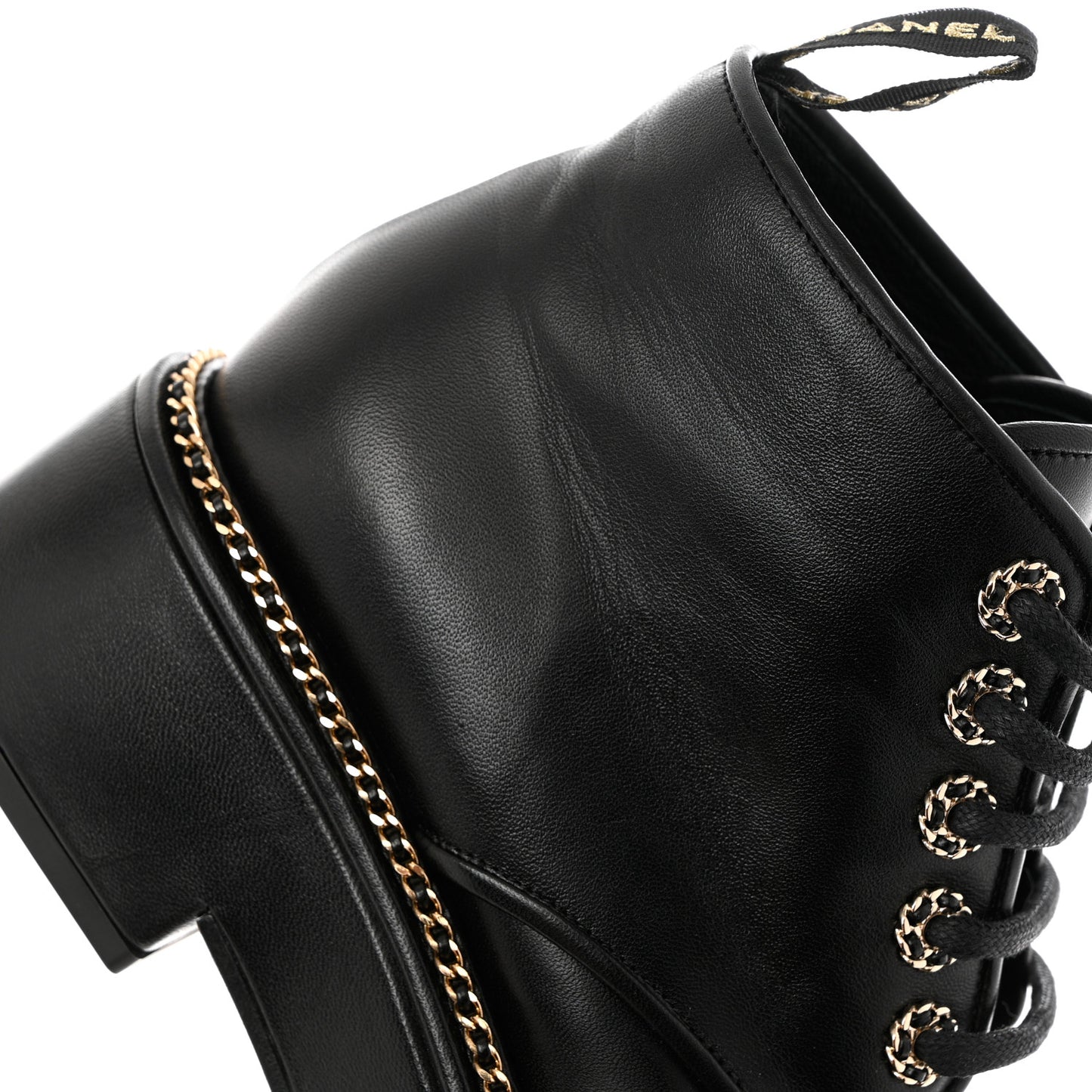 Calfskin Grosgrain Chain Lace Up CC Short Boots 38 Black