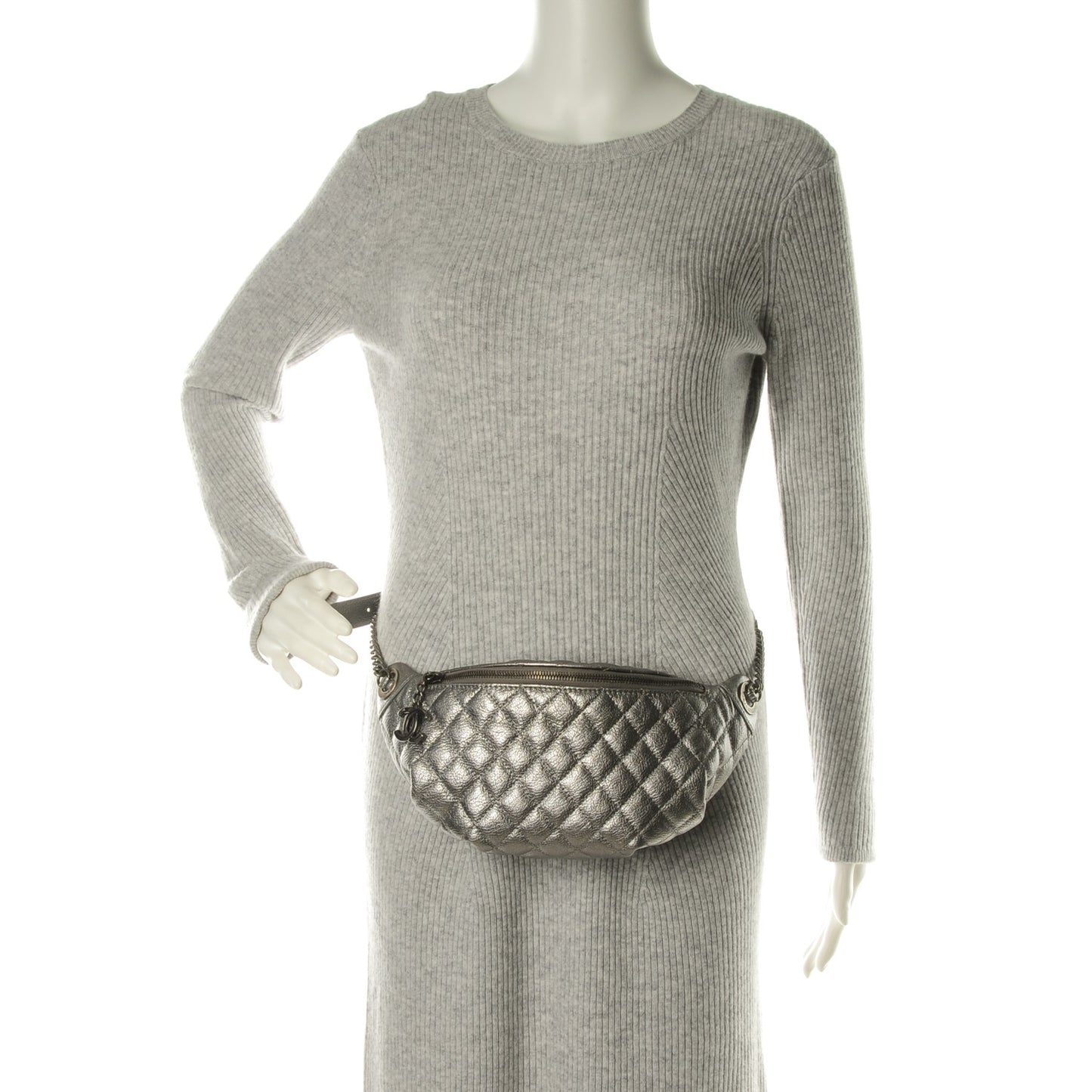 Metallic Goatskin Quilted Banane Waist Bag Fanny Pack Silver